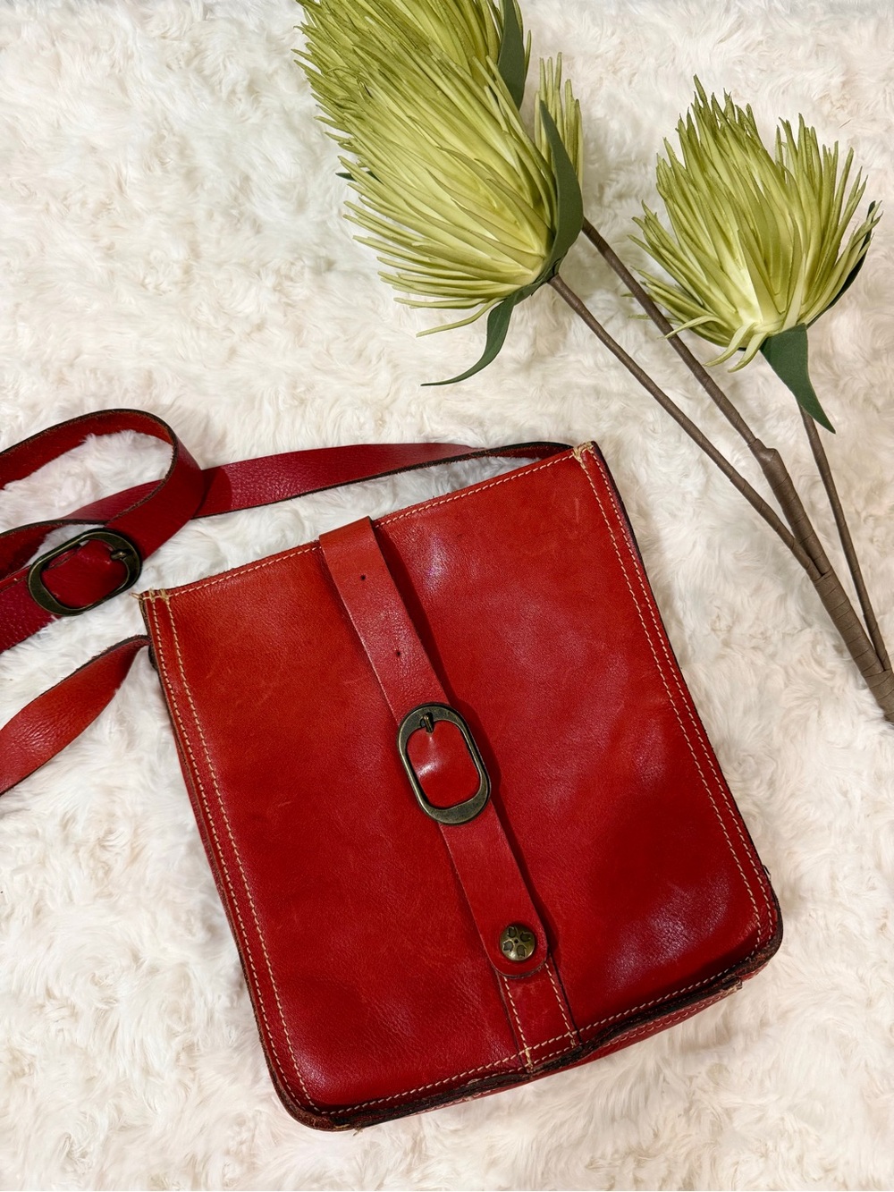 Patricia Nash Red Leather Crossbody Bag with Antique Brass Accent